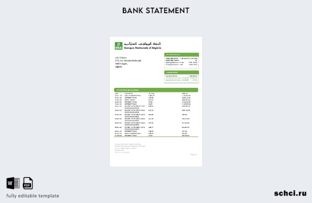 скачать цифровую версию шаблона выписки по счету Национального банка Алжира (BNA