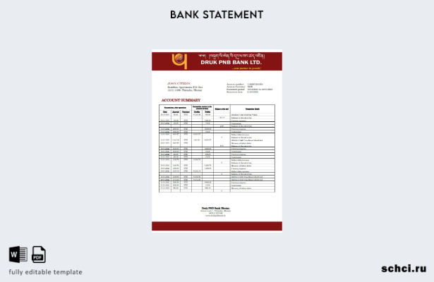 цифровая загрузка Бутан Druk PNB шаблон слова банковской выписки