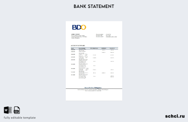 цифровая загрузка Филиппины BDO шаблон слова банковской выписки