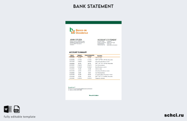 цифровая загрузка шаблона слова банковской выписки Banco de Occidente Гондураса