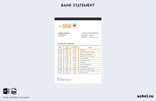 цифровая загрузка шаблона слова банковской выписки Benin Banque Atlantique