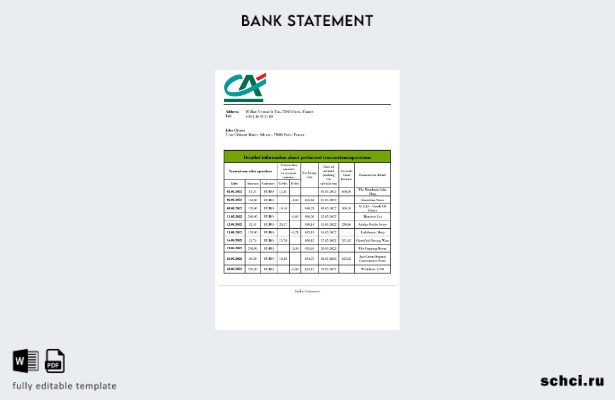 цифровая загрузка шаблона слова банковской выписки France Credite Agricole