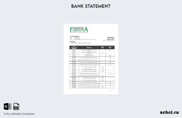 цифровая загрузка шаблона слова банковской выписки Luxembourg Fortuna Banque