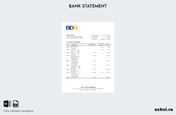 цифровая загрузка шаблона Excel банковской выписки BDO на Филиппинах