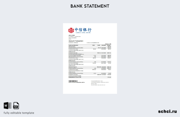 цифровая загрузка шаблона Excel банковской выписки China Citic Bank Corp