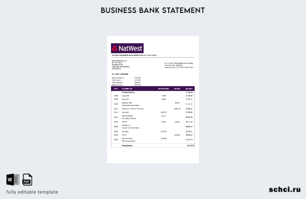 цифровая загрузка Великобритания. Выписка о счете фирмы NatWest. Шаблон в формат
