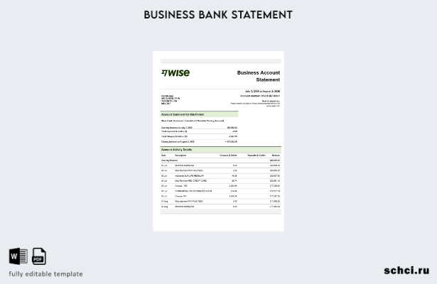 цифровая загрузка Выписка по текущему счету компании Wise Шаблон в формате Word
