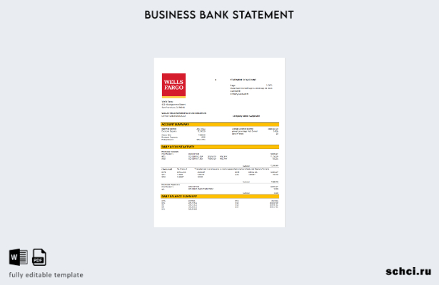 цифровая загрузка выписки о бизнес счете Wells Fargo в формате Word и PDF шаблон
