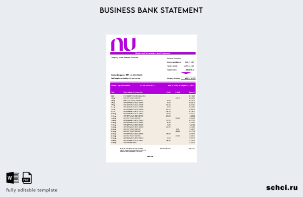 цифровая загрузка выписки по корпоративному текущему счету Nubank Шаблон в форма