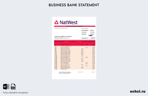 цифровая загрузка выписки по счету предприятия NatWest Bank Шаблон в формате Wor