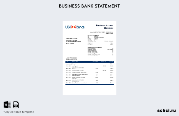 цифровая загрузка выписки по текущему счету банковской компании UBI BANCA Шаблон