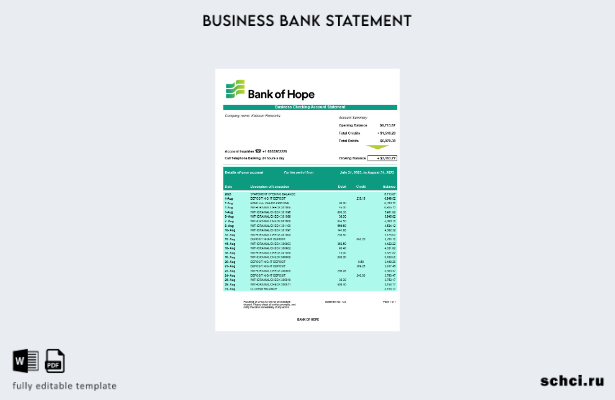 цифровая загрузка выписки по текущему счету компании Bank of Hope Шаблон в форма