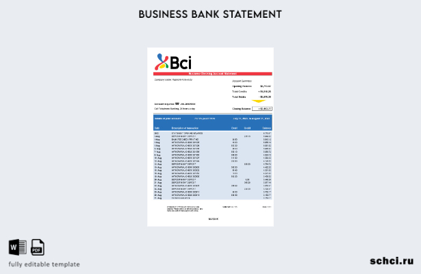 цифровая загрузка выписки со счета компании BCI Bank Шаблон в формате Word и PDF