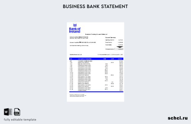 цифровая загрузка выписки со счета фирмы Bank of Irish Шаблон в формате Word и P