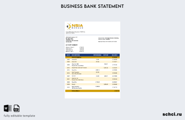 цифровая загрузка NSIA Banque Business Bank, выписка по банковскому счету, шабло