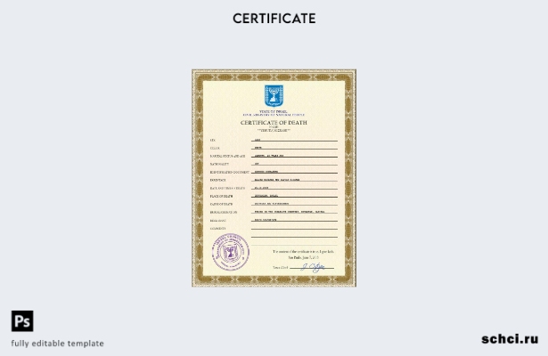 Скачать PSD шаблон свидетельства о смерти в цифровом формате в Израиле