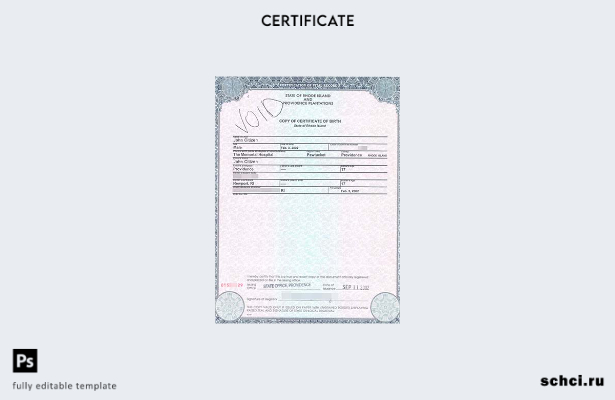 скачать в цифровом формате шаблон свидетельства о рождении штата Род Айленд, США