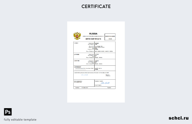 цифровая загрузка Россия, свидетельство о рождении, шаблон Word и PDF, полностью