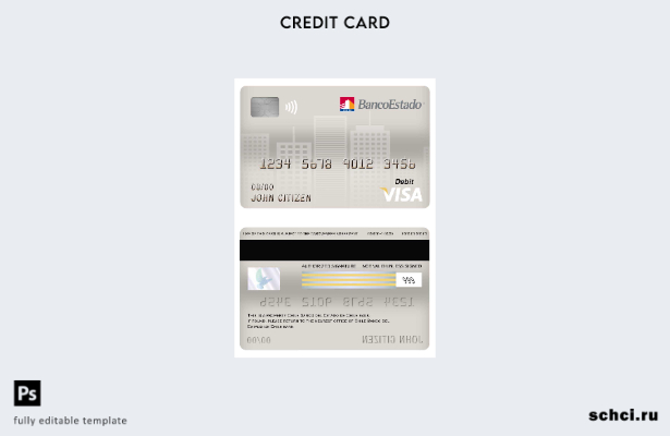 скачать в цифровом формате шаблон дебетовой карты Visa Banco del Estado de Чили