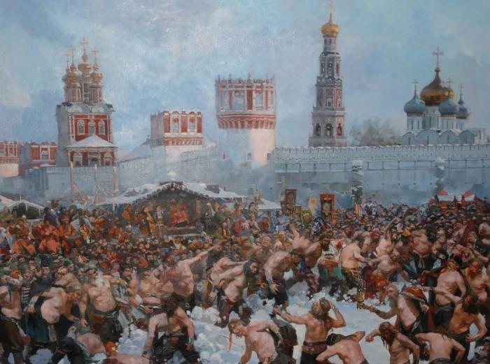 Б.Кустодиев. Кулычный бой на Москве-реке. 1897 г.